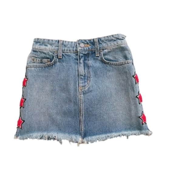 Carmar Denim Mini Skirt Size 25 -W24" Los Angeles Medium Wash Jean Raw Hem Blue - Picture 2 of 9